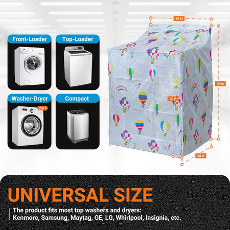 Washing machine cover with balloon print showing dimensions and compatibility with various washer and dryer types.