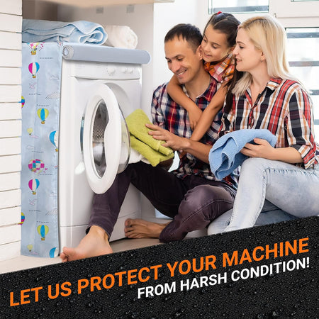 Family folding laundry next to a washing machine with a balloon-patterned protective cover.