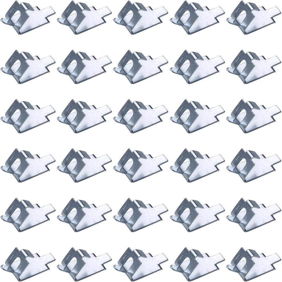Pack of 30 stainless steel refrigerator and freezer shelf support clips arranged in a grid.