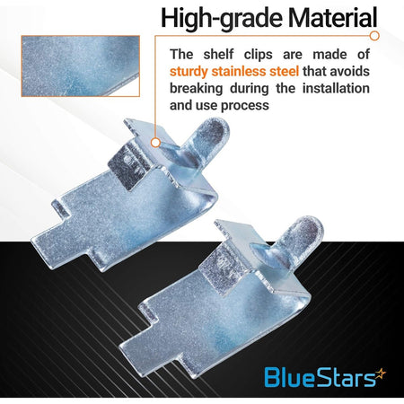 Two stainless steel refrigerator shelf support clips with a close-up view of the durable metal material.