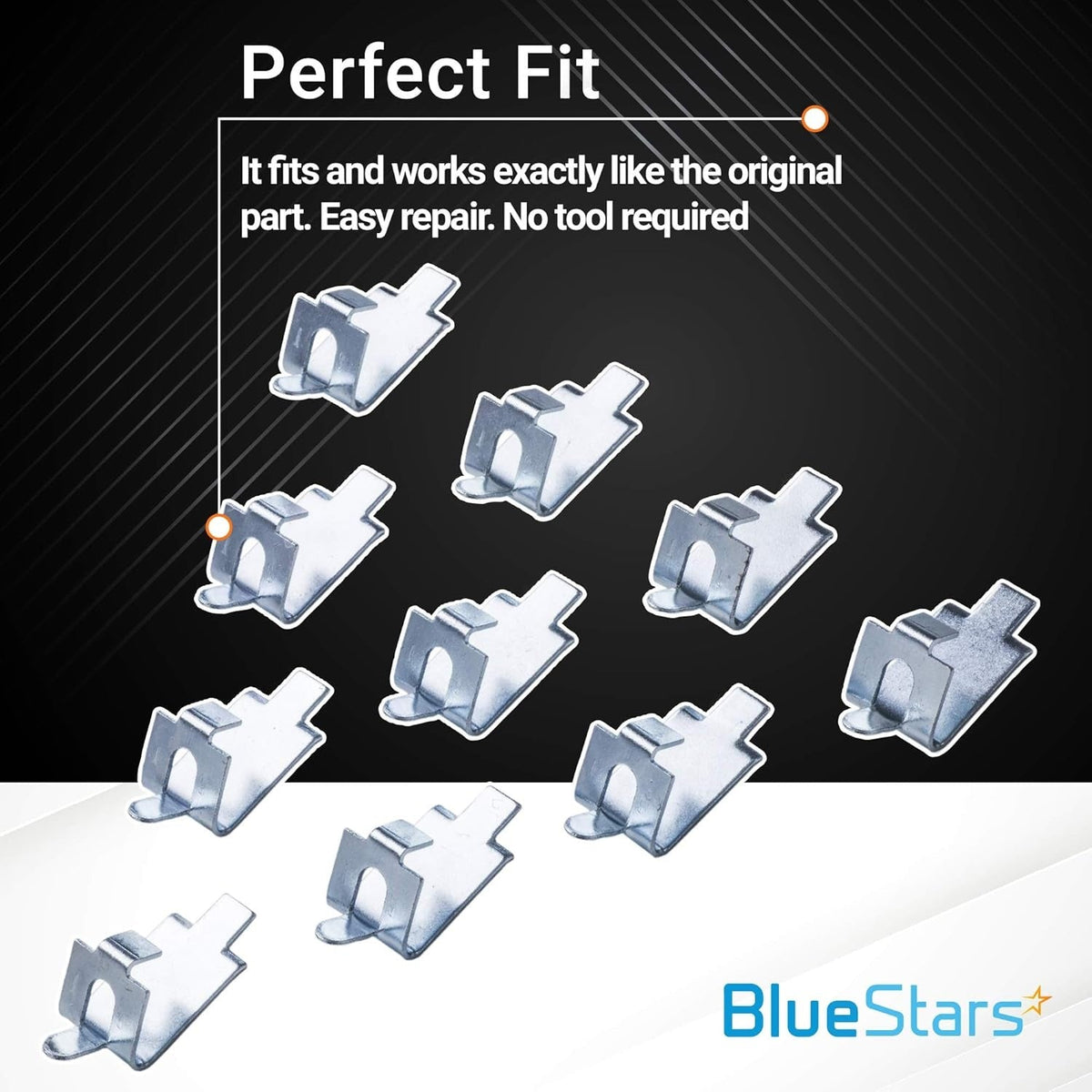 Group of 920158 stainless steel refrigerator and freezer shelf support clips arranged for display.