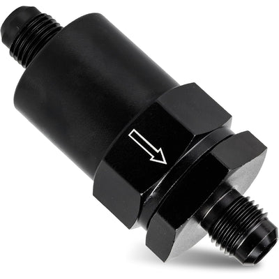 6AN Billet Inline Fuel Filter, 30-Micron Sintered Bronze Element shown in a plain product photo with flow arrow