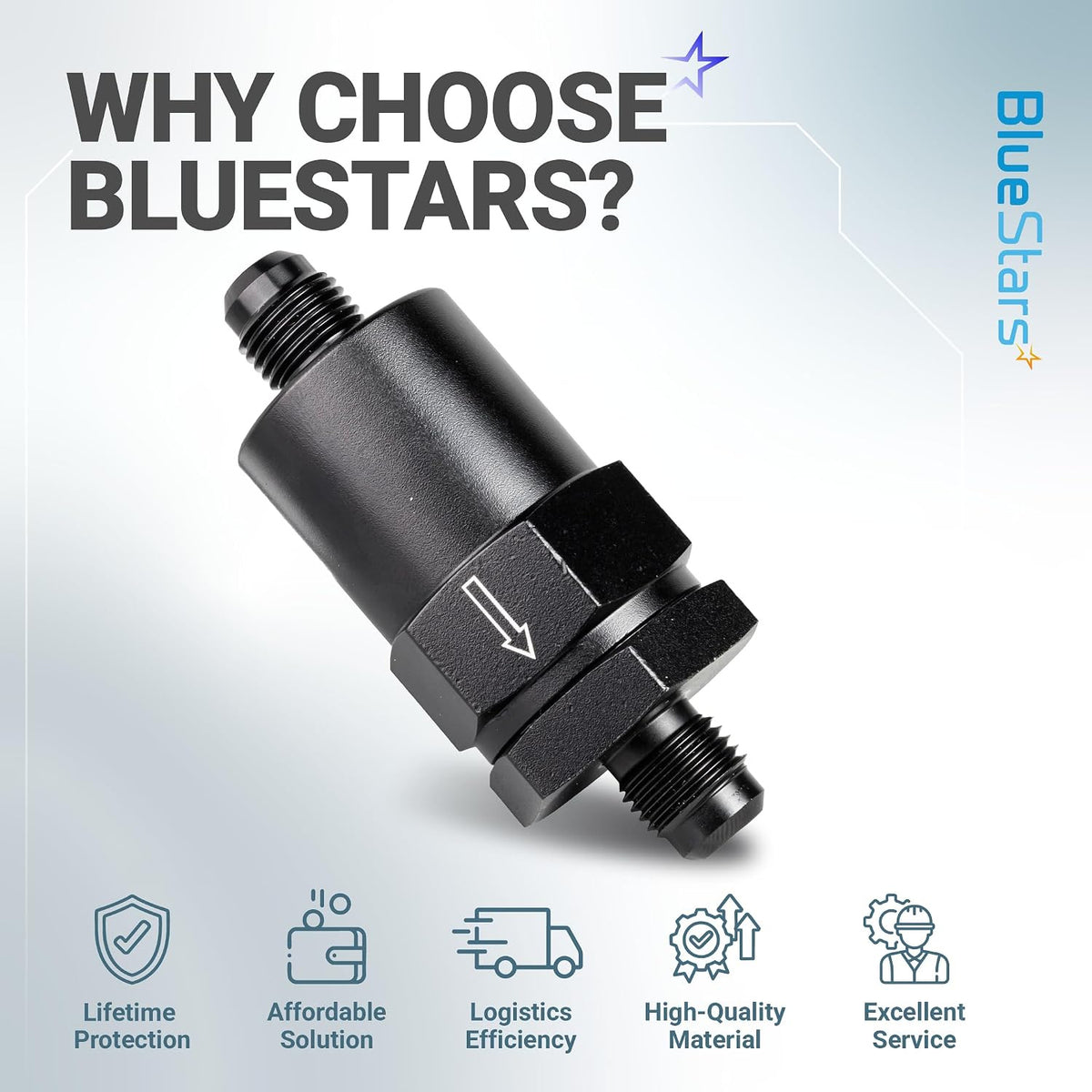 6AN Billet Inline Fuel Filter, 30-Micron Sintered Bronze Element shown in BlueStars graphic with filter and five benefit icon