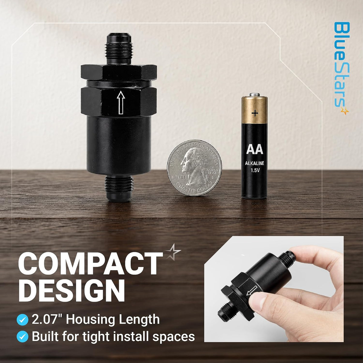 6AN Billet Inline Fuel Filter, 30-Micron Sintered Bronze Element—compact size shown with coin, battery, and hand