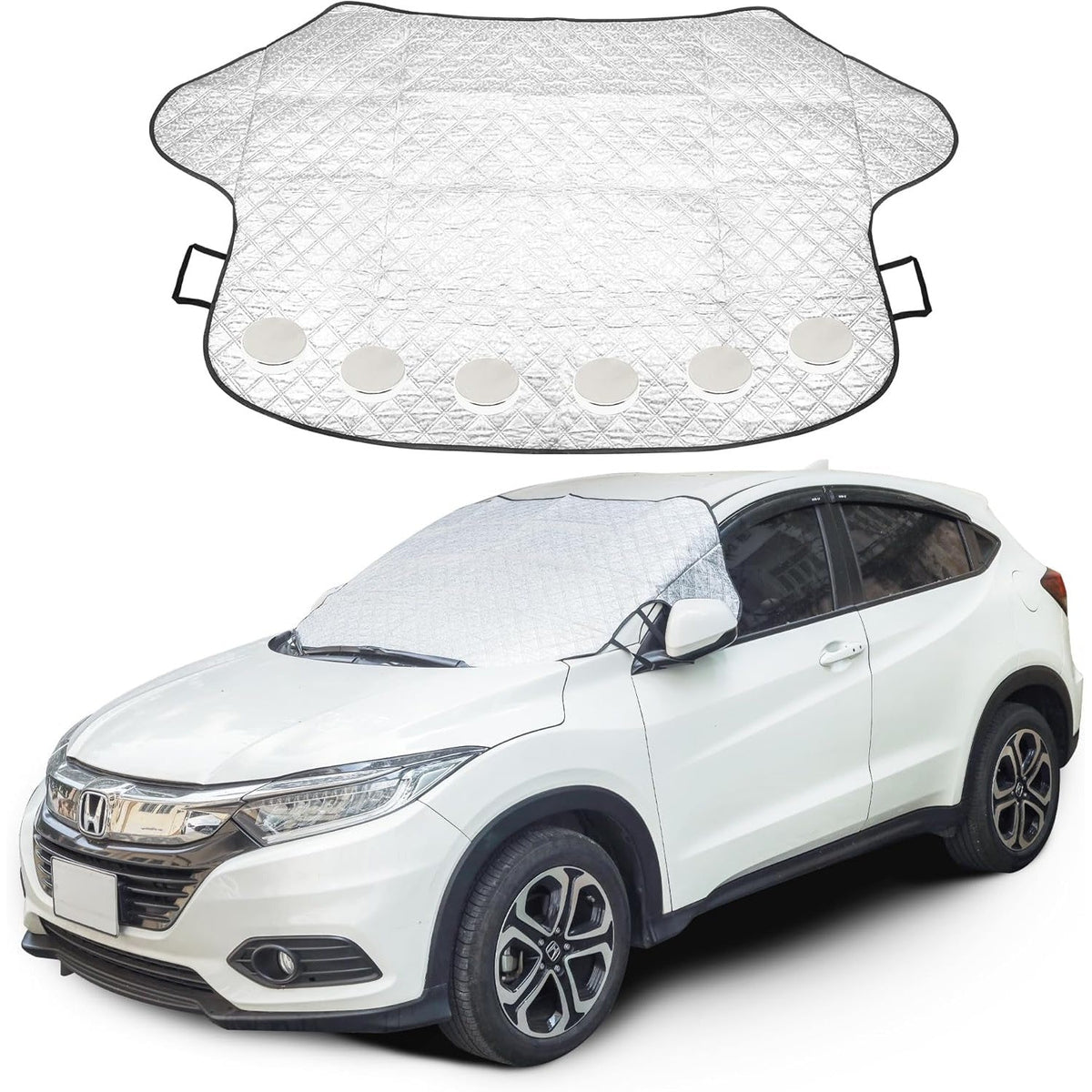 Silver 57" x 47" windshield cover for ice and snow installed on a white car.