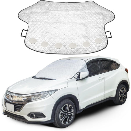 Silver 57" x 47" windshield cover for ice and snow installed on a white car.