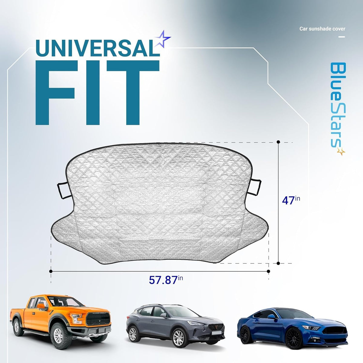Diagram showing dimensions of 57.87-inch by 47-inch universal windshield cover for ice and snow protection.
