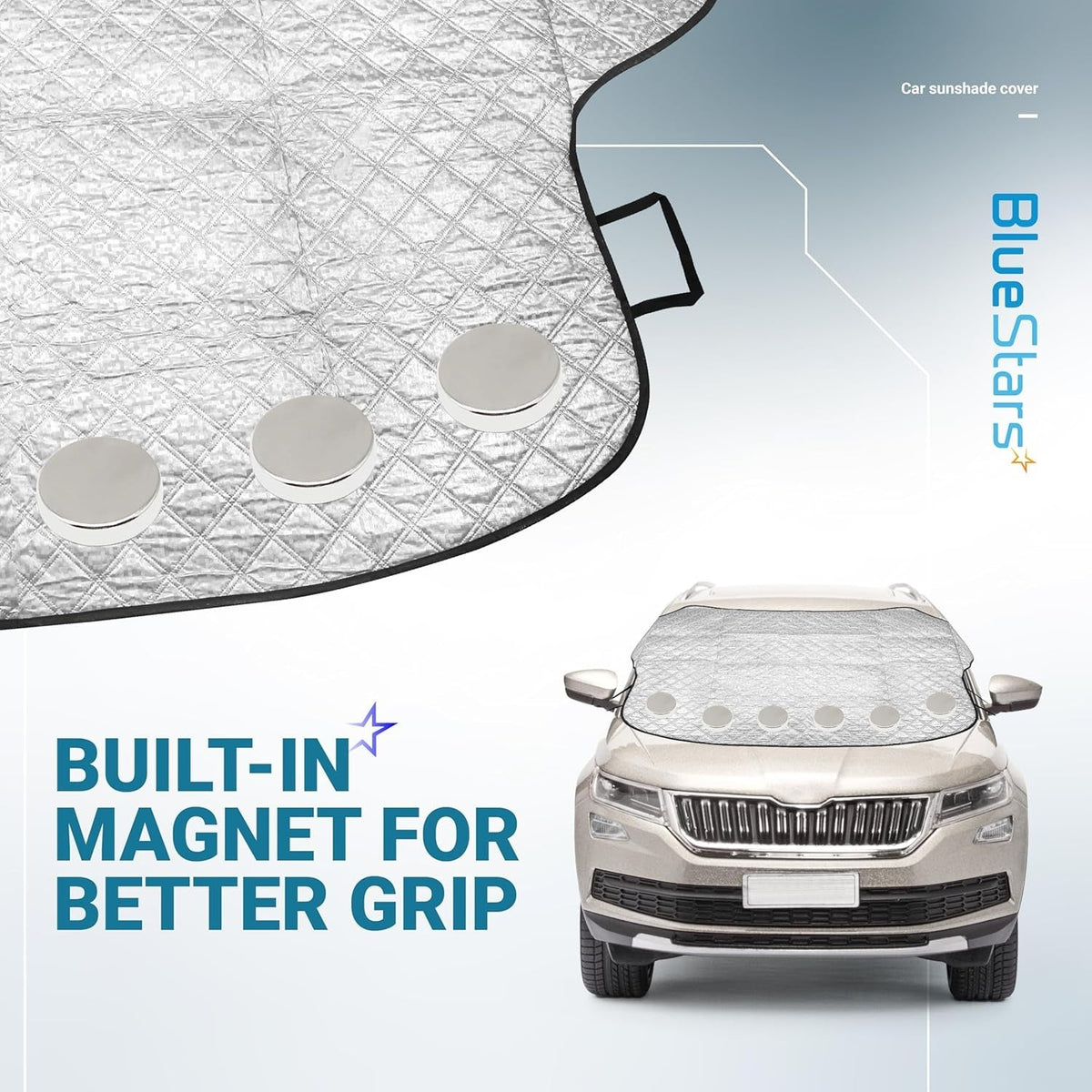 Windshield cover for ice and snow featuring built-in magnets for secure attachment to car hood.