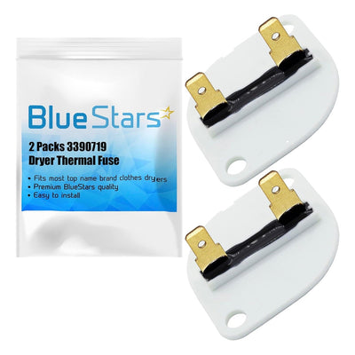 Two 3390719 dryer thermal fuses and Blue Stars branded packaging.