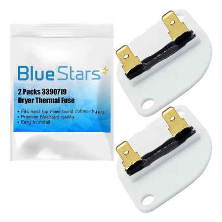 Two 3390719 dryer thermal fuses and Blue Stars branded packaging.