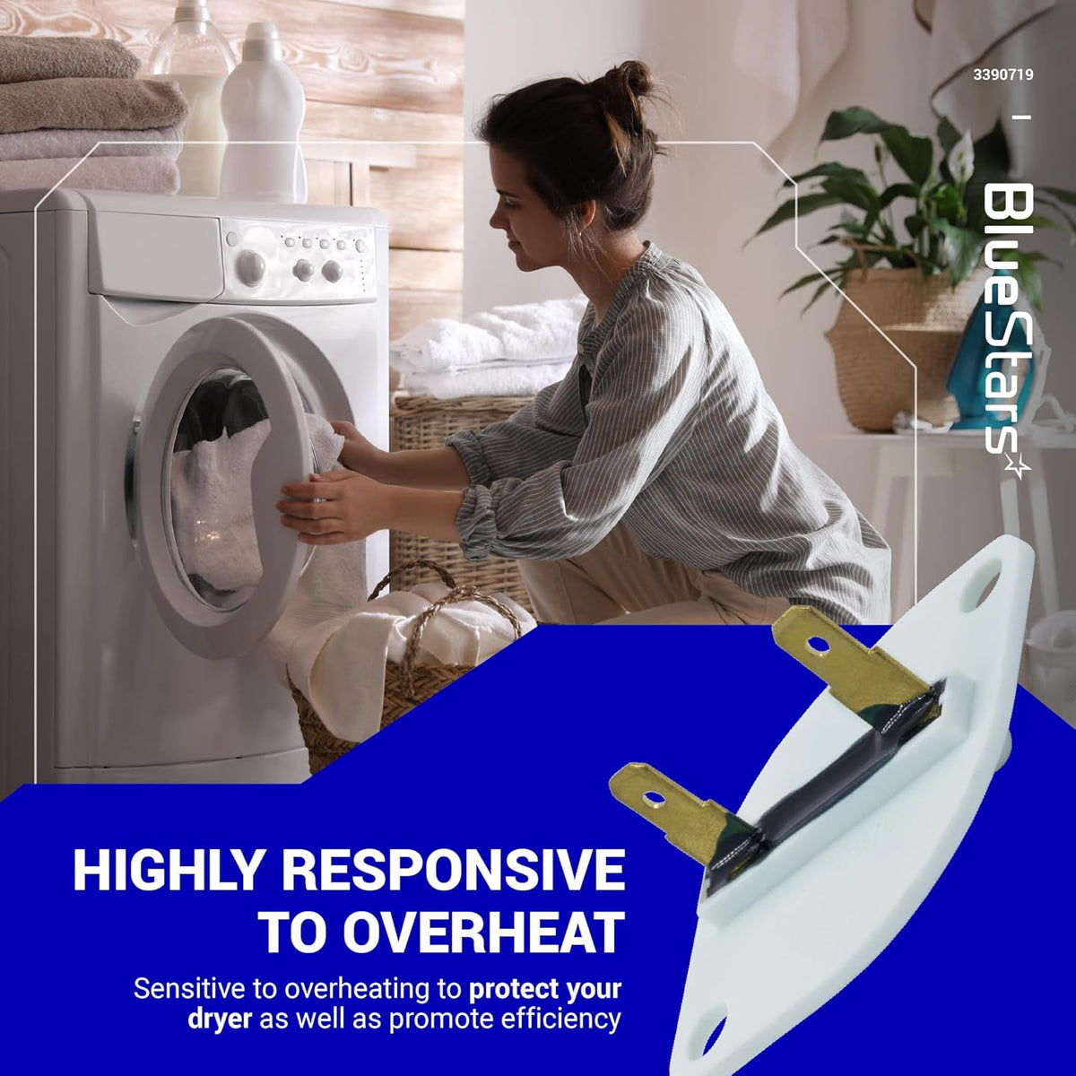 3390719 dryer thermal fuse replacement part shown in a lifestyle graphic for Whirlpool and Kenmore dryers.