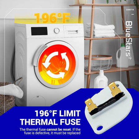 3390719 dryer thermal fuse replacement part shown with 196°F temperature limit label and dryer background.