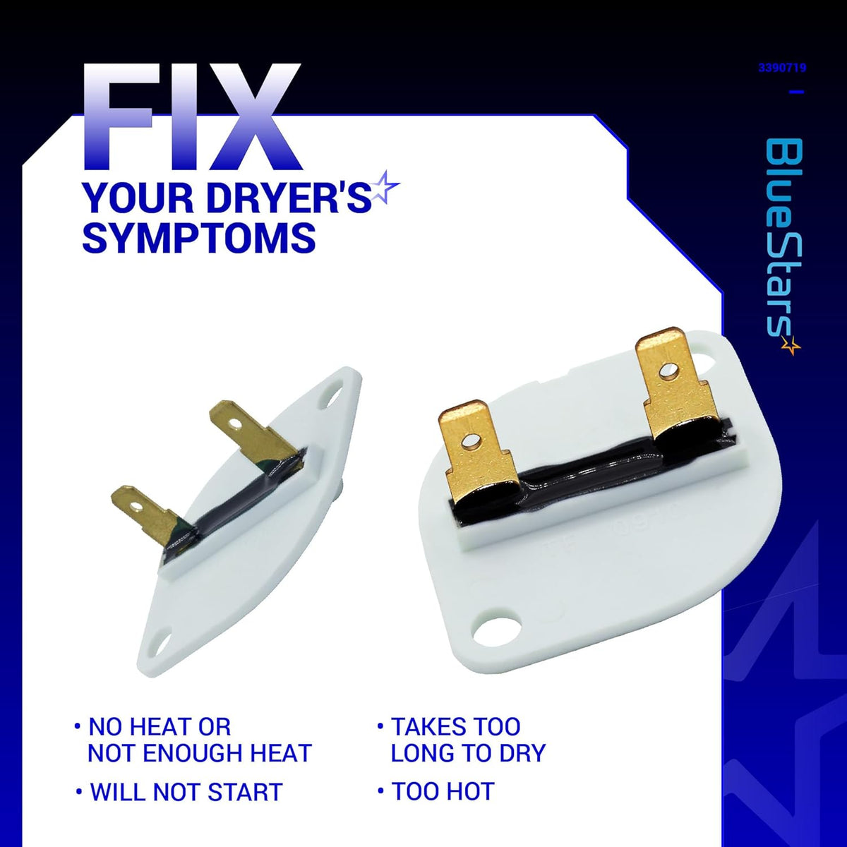 Two 3390719 dryer thermal fuses for Whirlpool and Kenmore dryers shown from different angles.