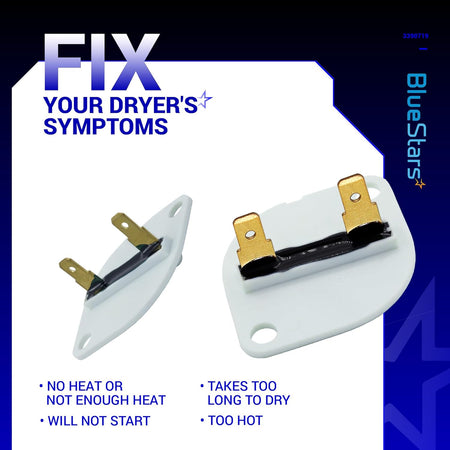 Two 3390719 dryer thermal fuses for Whirlpool and Kenmore dryers shown from different angles.