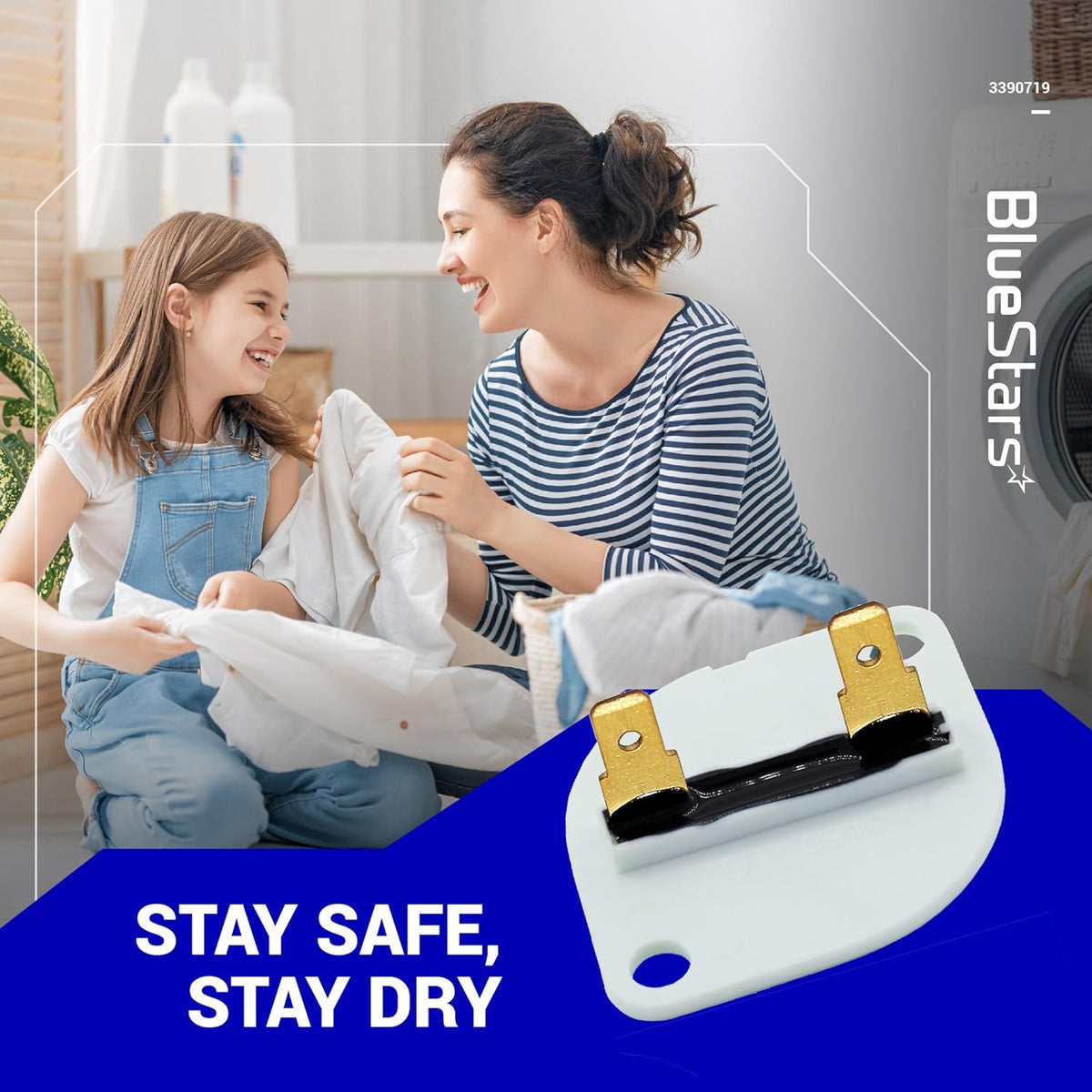 3390719 dryer thermal fuse replacement part for Whirlpool and Kenmore dryers shown on promotional lifestyle graphic.