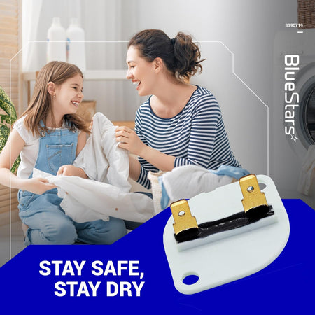 3390719 dryer thermal fuse replacement part for Whirlpool and Kenmore dryers shown on promotional lifestyle graphic.