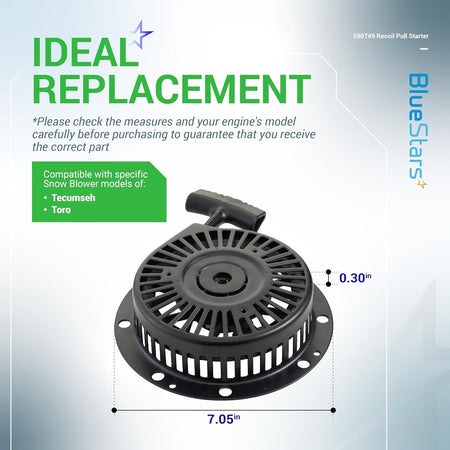 590749 Recoil Pull Starter for Tecumseh and Toro snow blowers with 7.05-inch diameter measurement graphic.