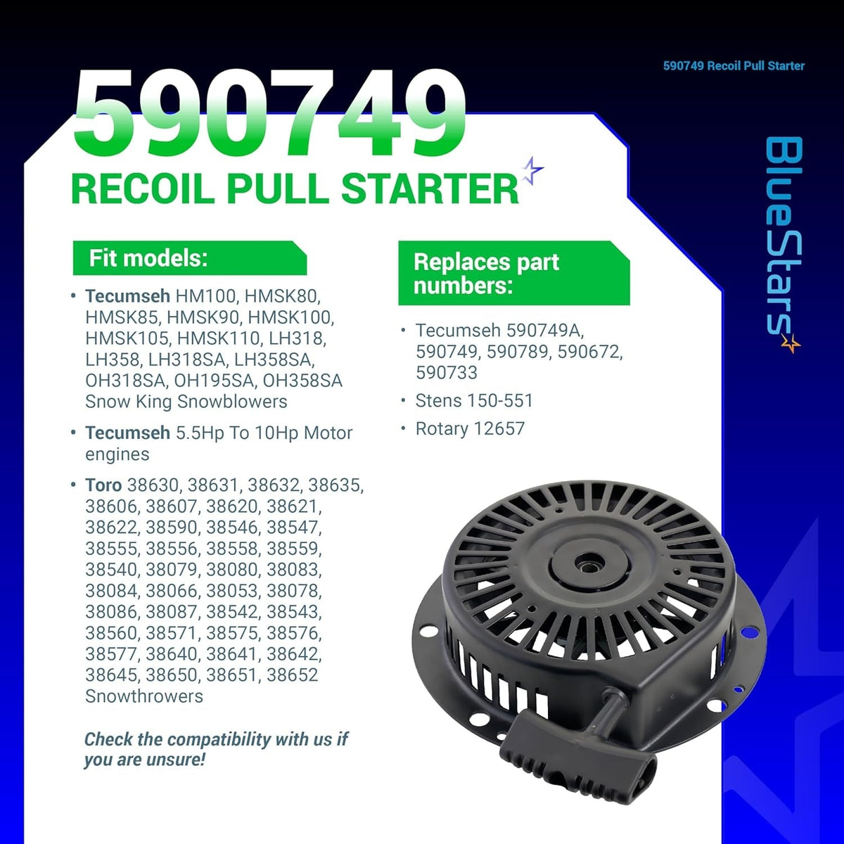 590749 recoil pull starter assembly for Tecumseh snowblower engines with compatibility and part number information.