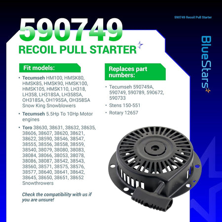 590749 recoil pull starter assembly for Tecumseh snowblower engines with compatibility and part number information.