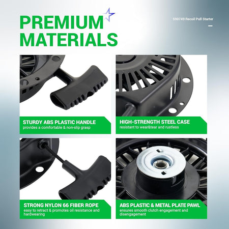 Infographic showing premium material features of the 590749 recoil pull starter including handle, steel case, and pawl.