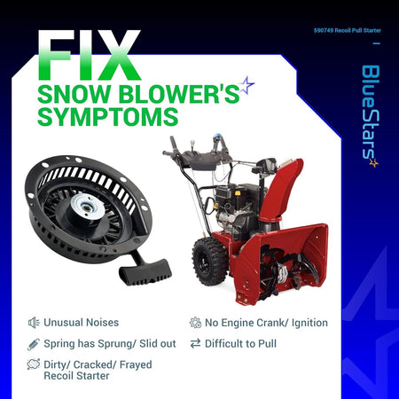 590749 590749A recoil pull starter assembly shown with a snow blower to illustrate common repair symptoms.
