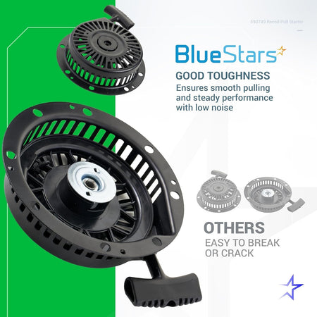 BlueStars 590749 recoil pull starter assembly showing top and bottom views for engine replacement.