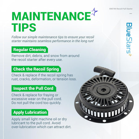 Infographic showing maintenance tips for the 590749 recoil pull starter assembly.