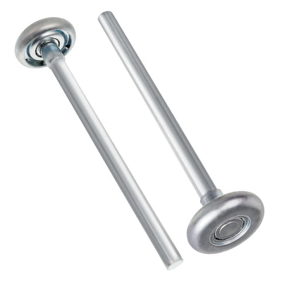 Two 1.8-inch steel garage door rollers with 7-inch stems for 2-inch tracks.