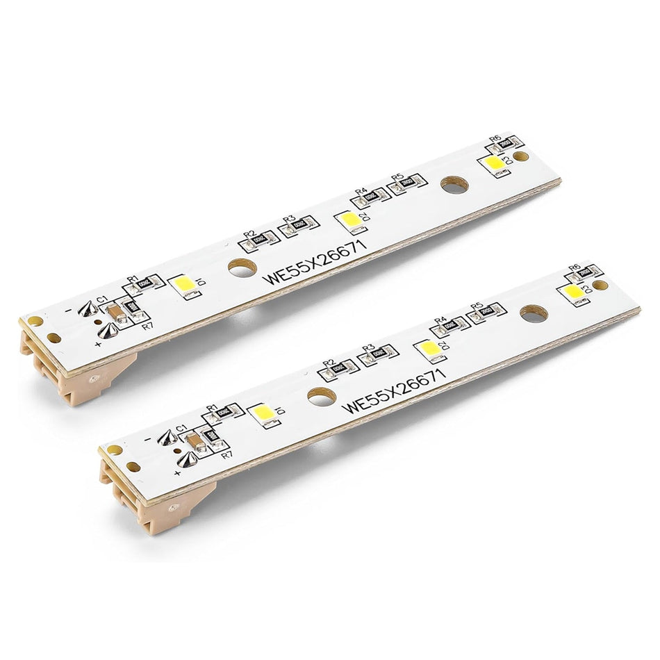Two WR55X26671 LED light boards for GE refrigerators shown side-by-side.