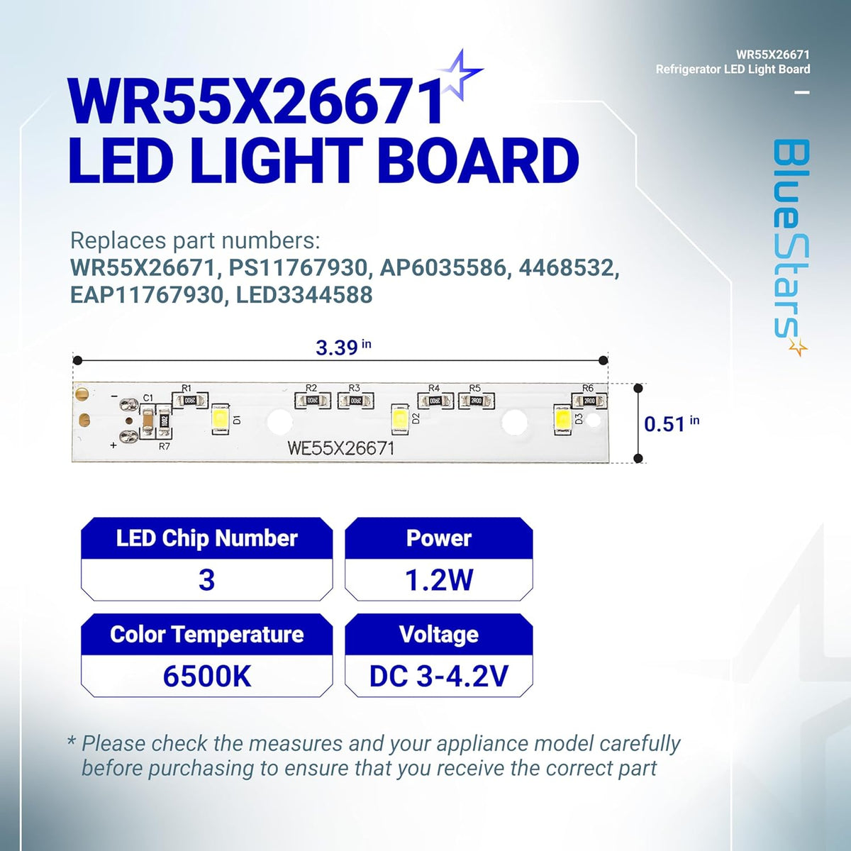 WR55X26671 refrigerator LED light board specifications diagram showing dimensions, power, and color temperature.