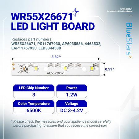 WR55X26671 refrigerator LED light board specifications diagram showing dimensions, power, and color temperature.