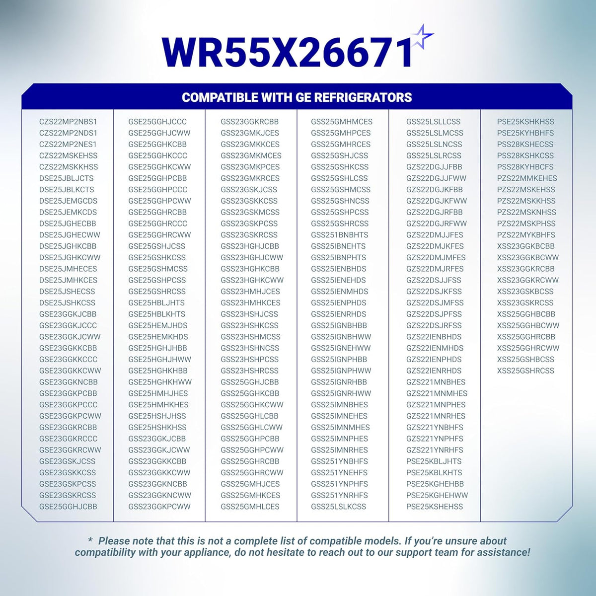Compatibility chart for WR55X26671 refrigerator LED light board listing compatible GE refrigerator models.