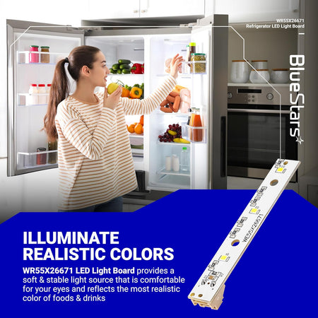 WR55X26671 refrigerator LED light board replacement component shown in a promotional lifestyle graphic.