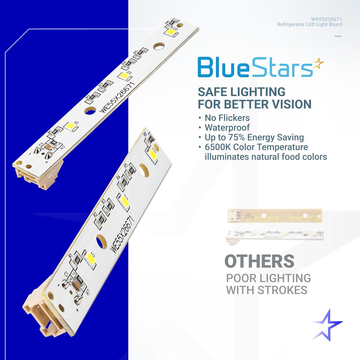 Two WR55X26671 refrigerator LED light boards shown in a promotional comparison graphic.