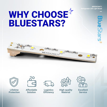 Single WR55X26671 refrigerator LED light board component shown on a promotional graphic.