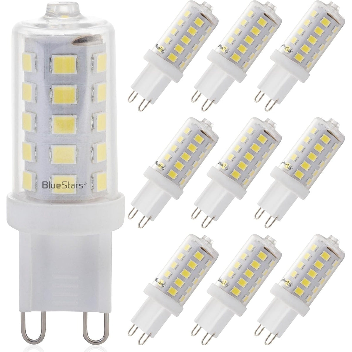 Pack of 10 dimmable 4W G9 LED bulbs with 6000K daylight output and no-flicker technology.