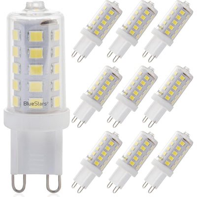 Pack of 10 dimmable 4W G9 LED bulbs with 6000K daylight output and no-flicker technology.