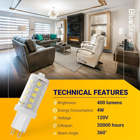 Close-up of a 4W G9 LED bulb with technical specification chart against a modern living room background.