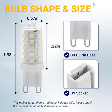 Diagram showing dimensions and G9 bi-pin base compatibility for 4W dimmable LED bulb.