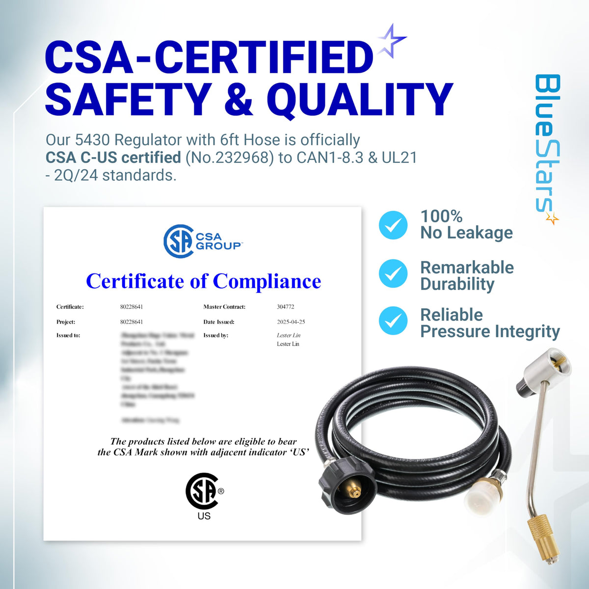 CSA-certified 5430 camping stove regulator and 6ft propane adapter hose with compliance certificate graphic.