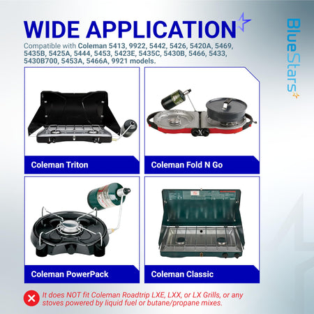 Compatibility chart showing Coleman camping stove models compatible with the 5430 stove regulator and propane hose.