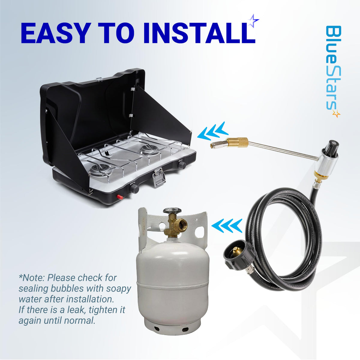 Installation diagram showing 5430 camping stove regulator and 6ft propane hose connecting a stove to a propane tank.