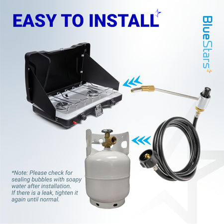Installation diagram showing 5430 camping stove regulator and 6ft propane hose connecting a stove to a propane tank.