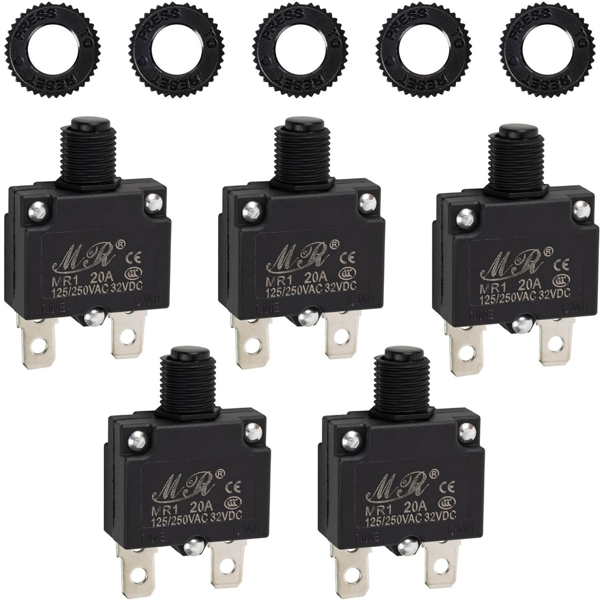 Five 20Amp thermal circuit breakers with matching black reset nuts for 125/250V applications.