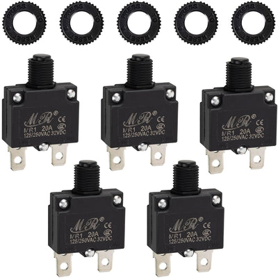 Five 20Amp thermal circuit breakers with matching black reset nuts for 125/250V applications.