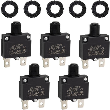 Five 20Amp thermal circuit breakers with matching black reset nuts for 125/250V applications.