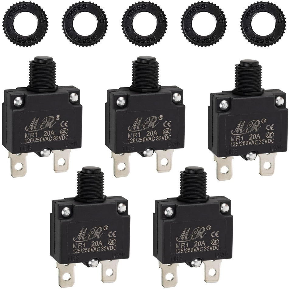 Five 20Amp thermal circuit breakers with matching black reset nuts for 125/250V applications.