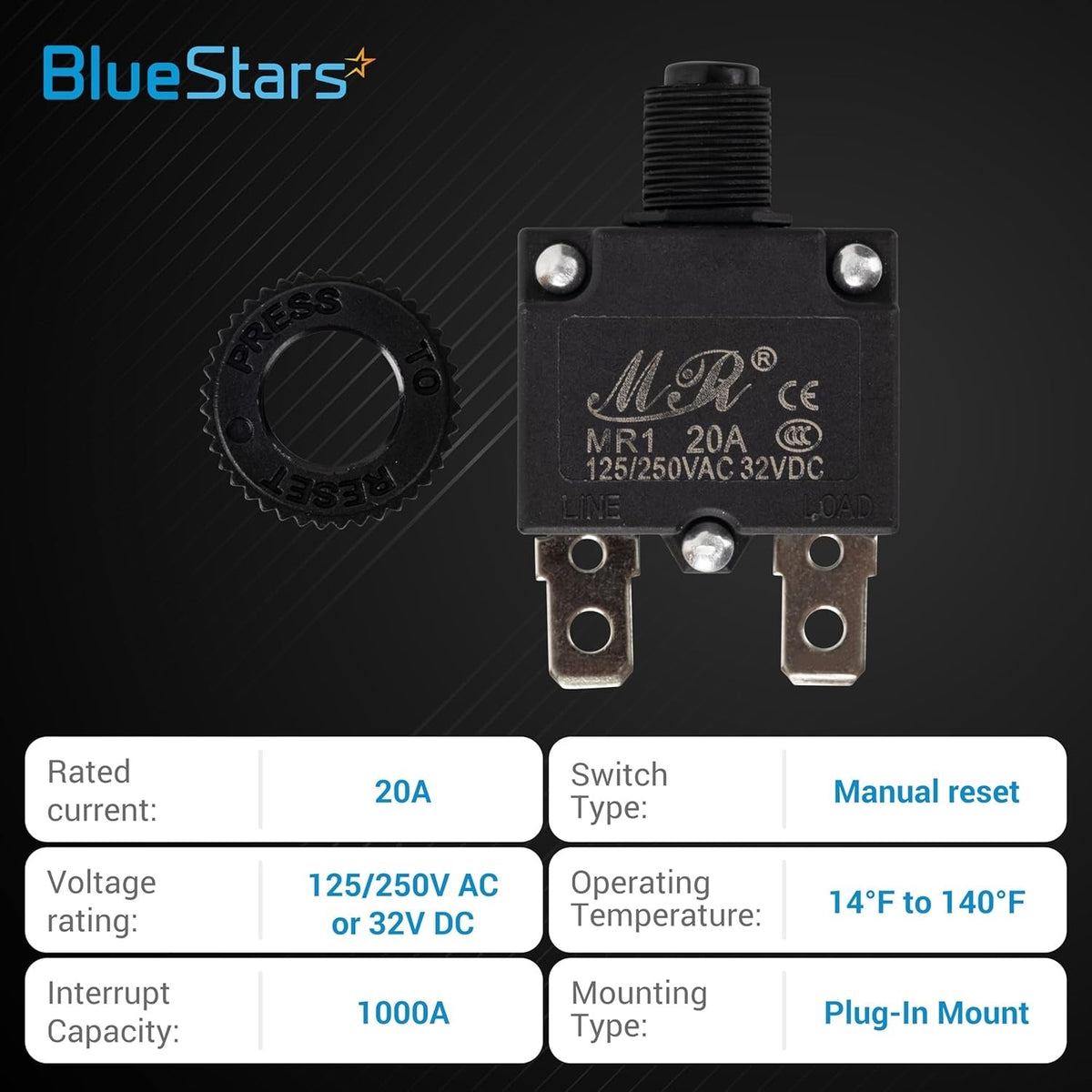 Single 20Amp thermal circuit breaker with manual reset button and mounting nut, 125/250V AC rating.
