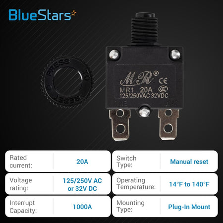 Single 20Amp thermal circuit breaker with manual reset button and mounting nut, 125/250V AC rating.