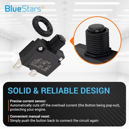 Single 20Amp thermal circuit breaker with manual reset button and mounting nut, close-up view.